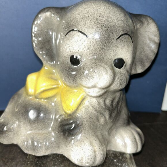Vintage MCM Puppy DOG Ceramic PLANTER with Bow USA Speckle Gray - Picture 11 of 11